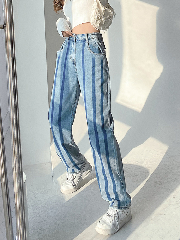 Waist High Sweet Vertical Retro Striped Denim Wide Leg Pants Hot Girl Sexy High Street Loose And Thin Women&s Clothing 1PEW